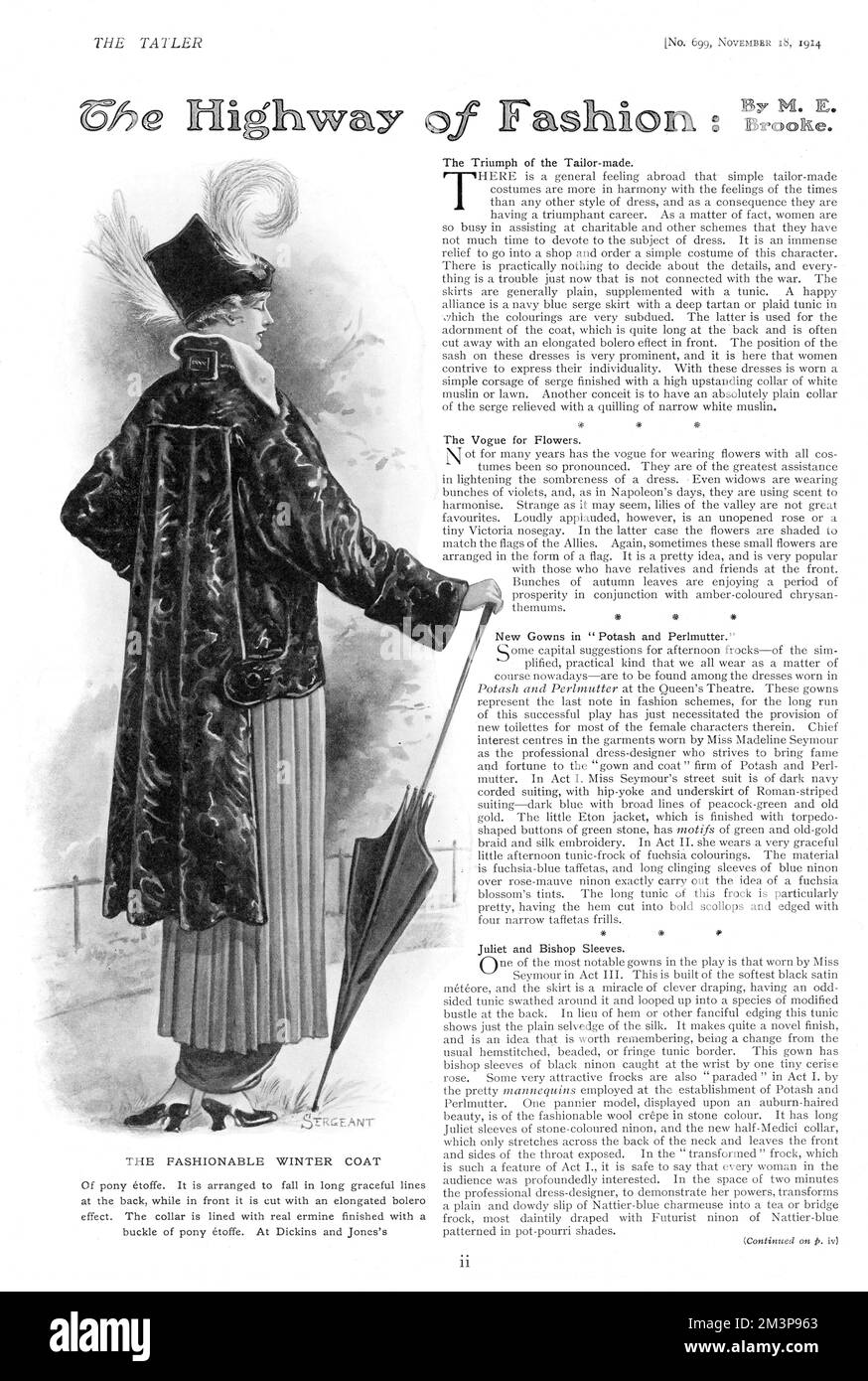 The fashionable winter coat of pony etoffe [material]. It is arranged to fall in long, graceful lines at the back, while in front it is cut with an elongated bolero effect. The collar is lined with real ermine finished with a buckle of pony etoffe. At Dickins and Jones's. Illustration to The Highway of Fashion by M.E. Brooke, who writes, 'there is a general feeling abroad that simple tailor-made costumes are more in harmony with the times...everything is a trouble just now that is not connected with the war.'     Date: 1914 Stock Photo