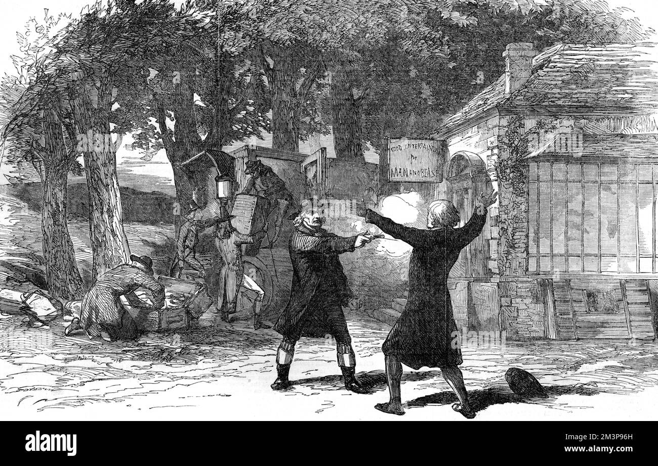 A scene from the melodrama 'The Courier of Lyons', as performed at the Princess Theatre. Here, old Lesurgues has returned after a brief spell of absence from his inn, and sees Dubosc, who he mistakes for his son, enaged in the act of murder. Lesurgues interfers and is shot in the shoulder.  1854 Stock Photo