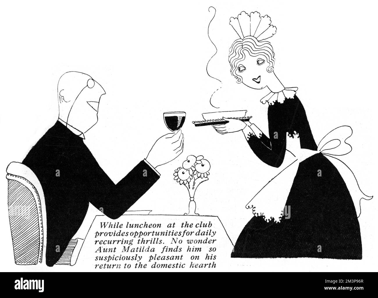 Uncle Fred, one of the characters in The Tatler magazine's, Letters of Eve, drawn by Annie Fish is pictured enjoying having his lunch at his club, especially now that women have replaced the male waiters because of the war.      Date: 1917 Stock Photo
