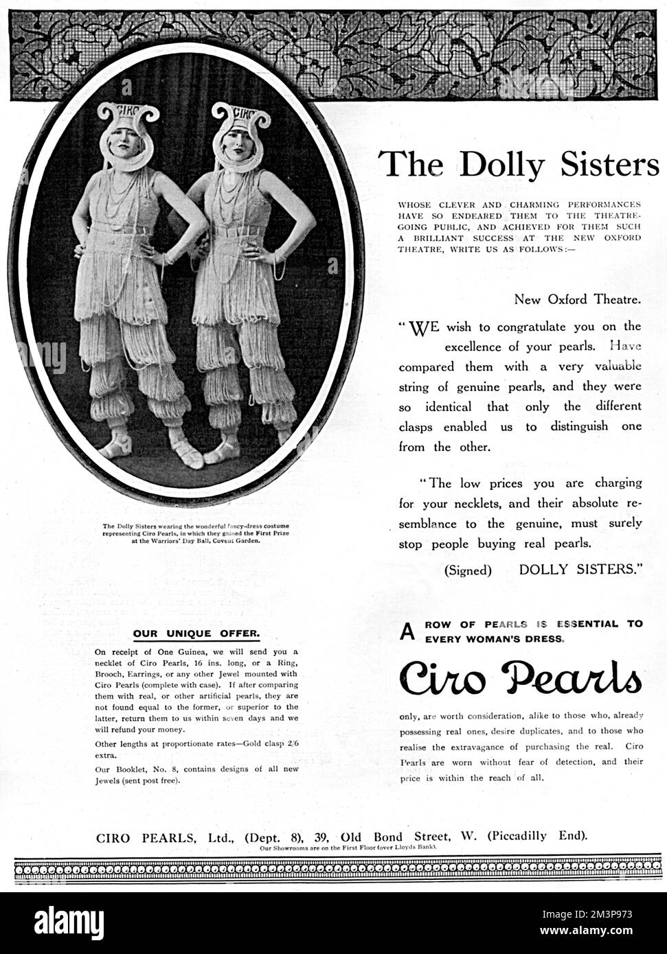 Advertisement for Ciro Pearls featuring the Dolly sisters wearing the fancy-dress costume representing Ciro Pearls in which they gained First Prize at the Warriors' Day Ball, Covent Garden.       Date: 1921 Stock Photo