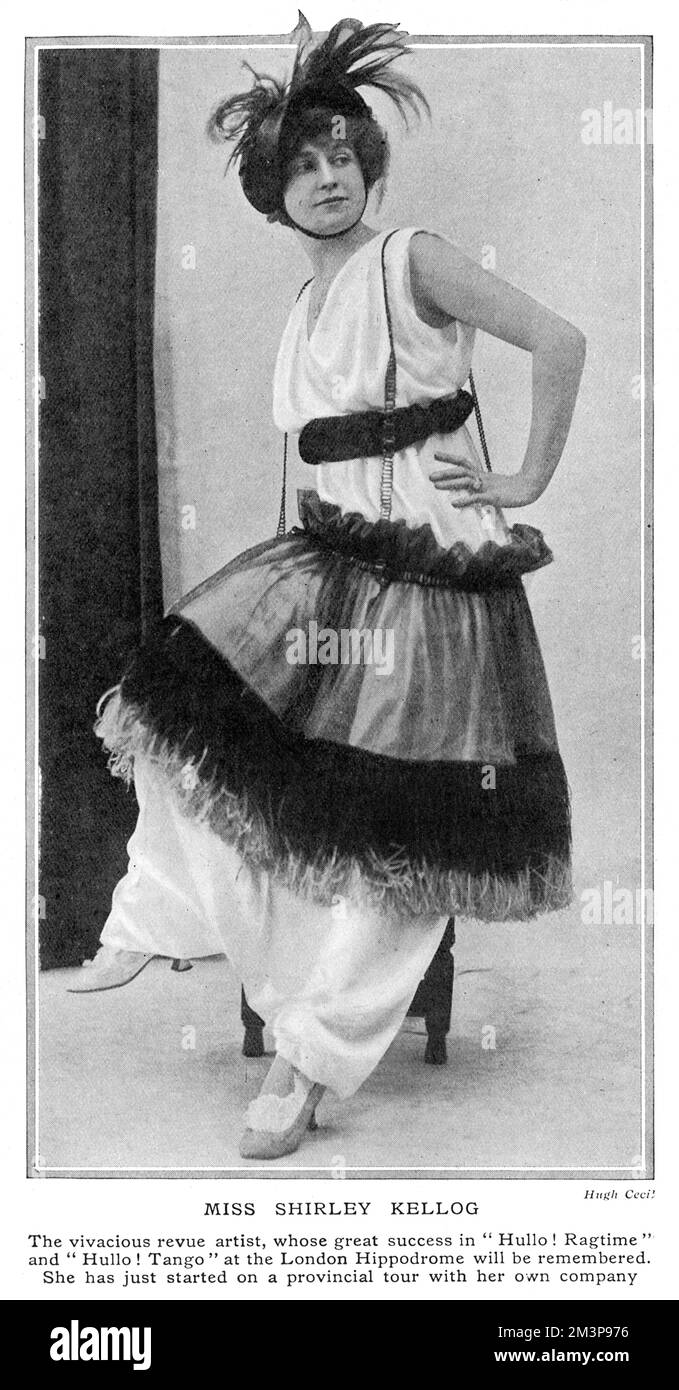 Shirley Kellog, the vivacious revue artist, whose great success in 'Hullo! Ragtime' and 'Hullo! Tango' at the London Hippodrome will be remembered, says The Tatler.     Date: 1914 Stock Photo