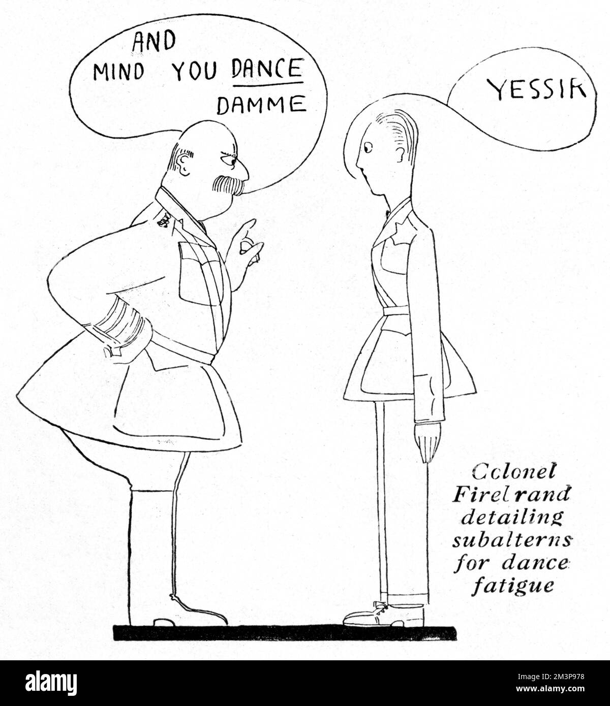 Illustration from the Letters of Eve column in The Tatler showing a young subaltern being told to dance (in no uncertain terms) by his commanding officer, Colonel Firebrand!     Date: 1918 Stock Photo