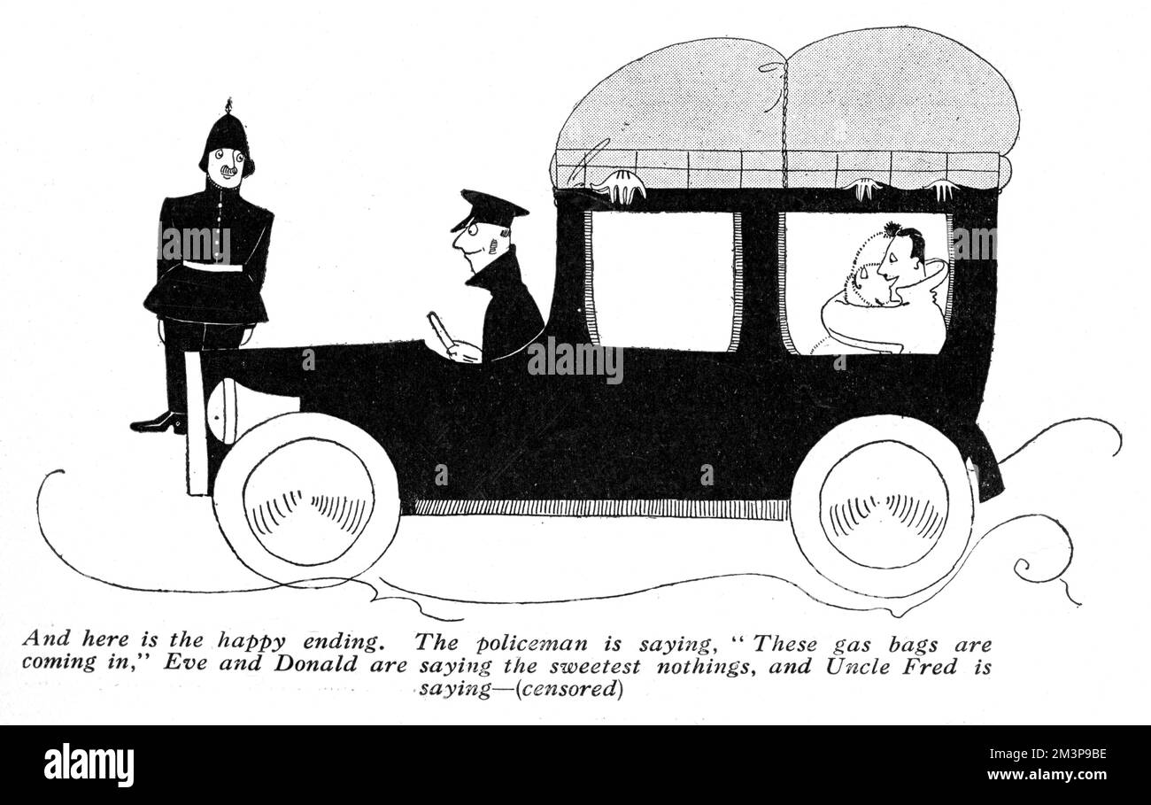 A car powered by coal gas which was contained in a rubber bag similar to a pneumatic tyre and placed on the top of the car.  Gas-fuelled cars were an innovation of the First World War period and here Annie Fish, illustrating the Letters of Eve column in The Tatler shows an example while Eve, and her beau Fred, cuddle up together in the back seat.     Date: 1917 Stock Photo