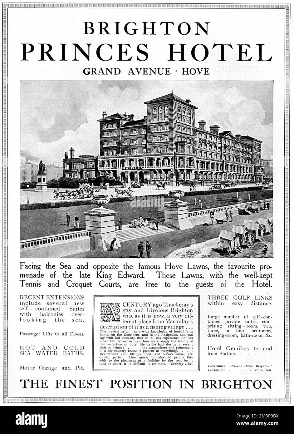 An advertisement for Princes Hotel, Grand Avenue, Hove facing the sea opposite the famous Hove Lawns, the favourite promenade of King Edward VII.  The advert claims the hotel has the finest position in Brighton.  During the First World War, when holidays in the fashionable resorts of Northern France were impossible, Brighton attracted members of society.  It was also popular with convalescent soldiers.       Date: 1917 Stock Photo