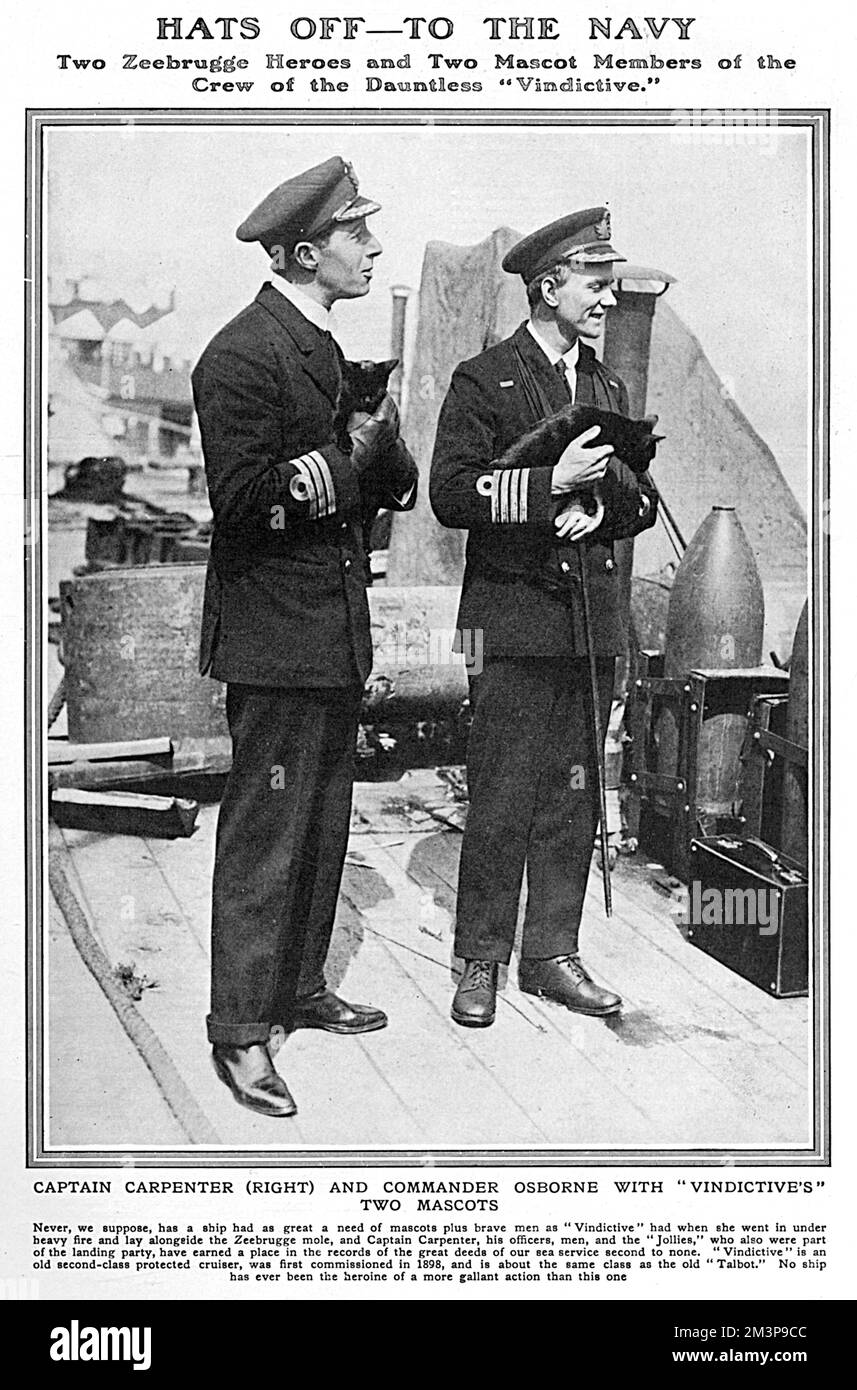 Vice-Admiral Alfred Carpenter VC (17 September 1881  27 December 1955) was a Royal Navy officer who was awarded the Victoria Cross for his command of HMS Vindictive during the Zeebrugge Raid on the night of 22/23 April 1918.  Pictured with Commander Osborne (on the left) holding the ship's mascots - two black cats.     Date: 1918 Stock Photo