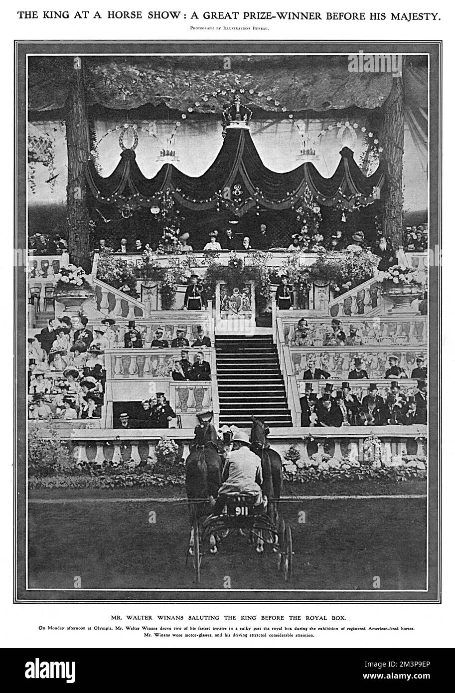 Mr. Walter Winans saluting King Edward VII before the royal box at the Olympia horse show in June 1908.     Date: 1908 Stock Photo