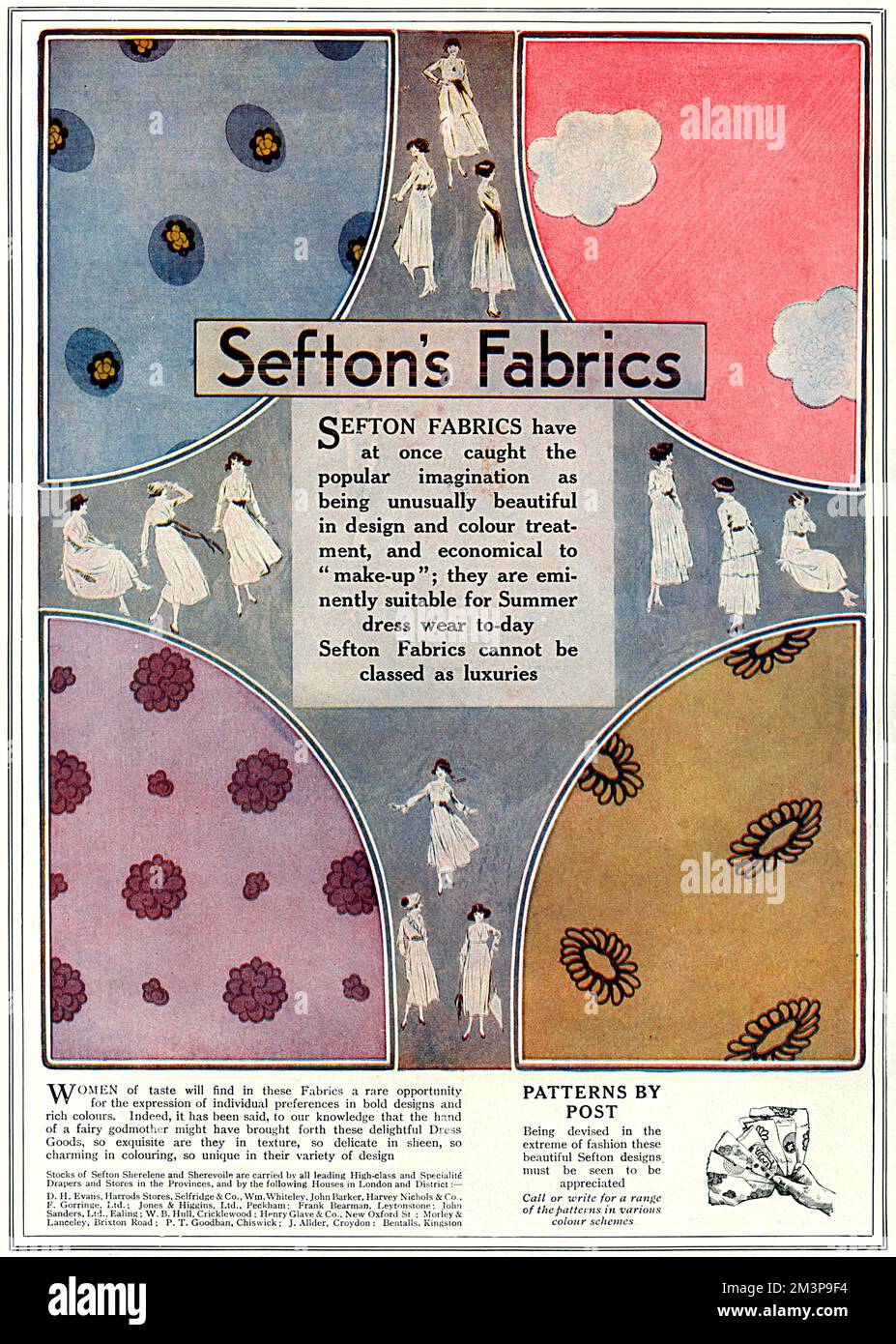 Advertisement for Sefton's Fabrics displaying a number of coloured patterns and designs.       Date: 1918 Stock Photo