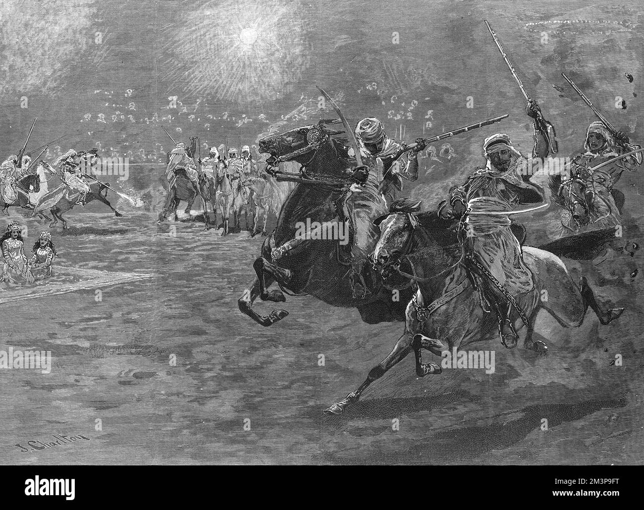 The Arab horsemen at the Paris Hippodrome, Olympia, 1887. The troupe, part of Hippolyte Houcke's company, were intended to demonstrate the customs and manners of the East, in the same way that Buffalo Bill's cowboys and Indians were mean to demonstrate life in the Wild West.     Date: 1887 Stock Photo