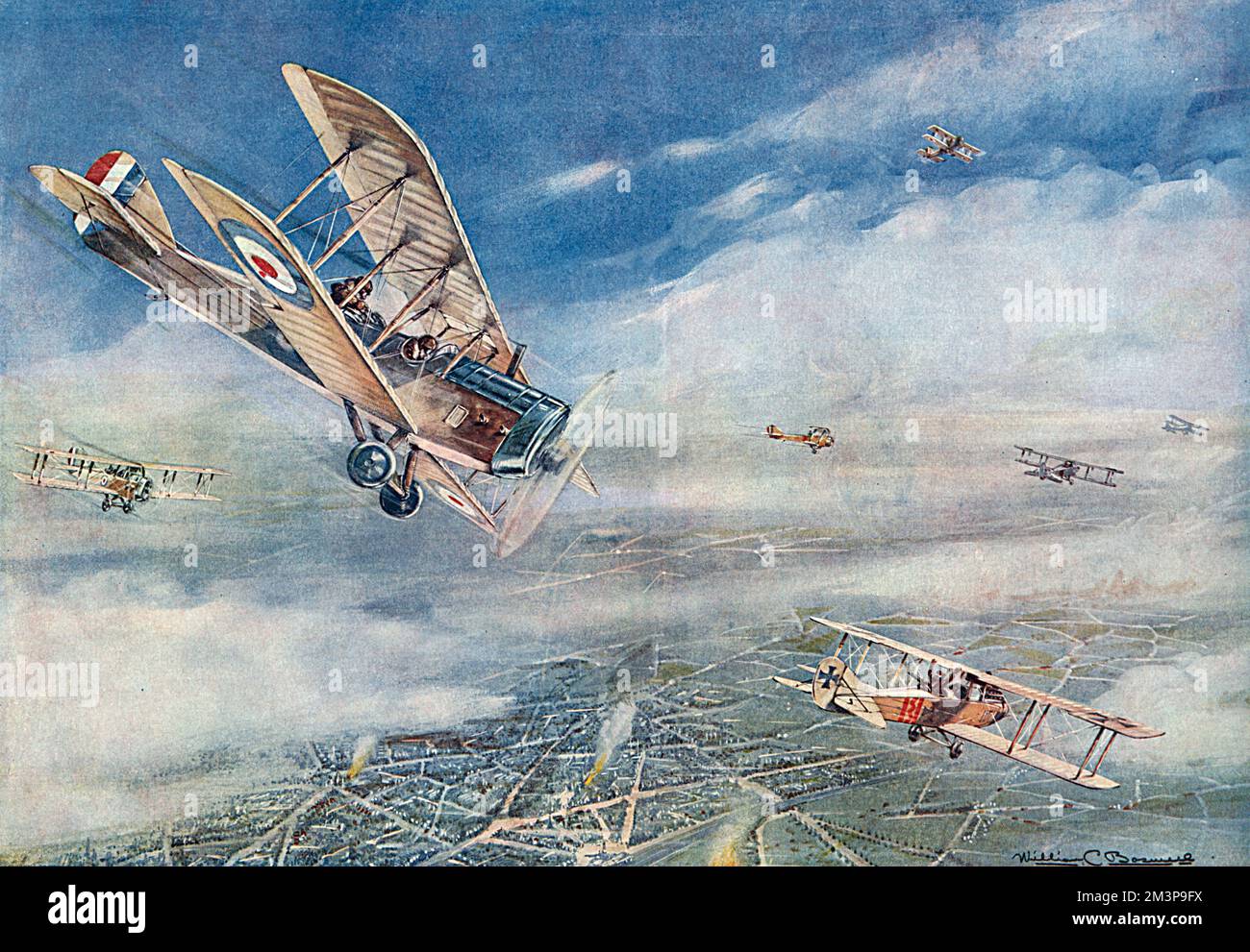 An aerial battle on the Western front with a German squadron seen in retreat with the last one (bottom right) being pursued by a British antagonist on her tail.  Having possibly run out of ammunition the German gunner puts up his arms in surrender after which point the British planes permitted him to make a safe landing near the British lines as a prison-of-war.  The Tatler comments that, 'the incident may account for some of the undamaged Boche planes which are to be seen at some of our aerodromes.'      Date: 1918 Stock Photo