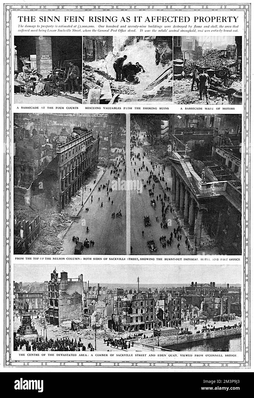 The devastating affects of the Easter Rebellion in Ireland in 1916. The main picture shows the burnt-out imperial hotel and post-office on Sackville Street in Dublin. According to The Graphic, the damage to property was estimated at £2,000,000 and 179 building were destroyed by flame and shell. The area that suffered the most was Lower Sackville Street which was the rebels' central stronghold and was entirely burnt out.     Date: 1916 Stock Photo