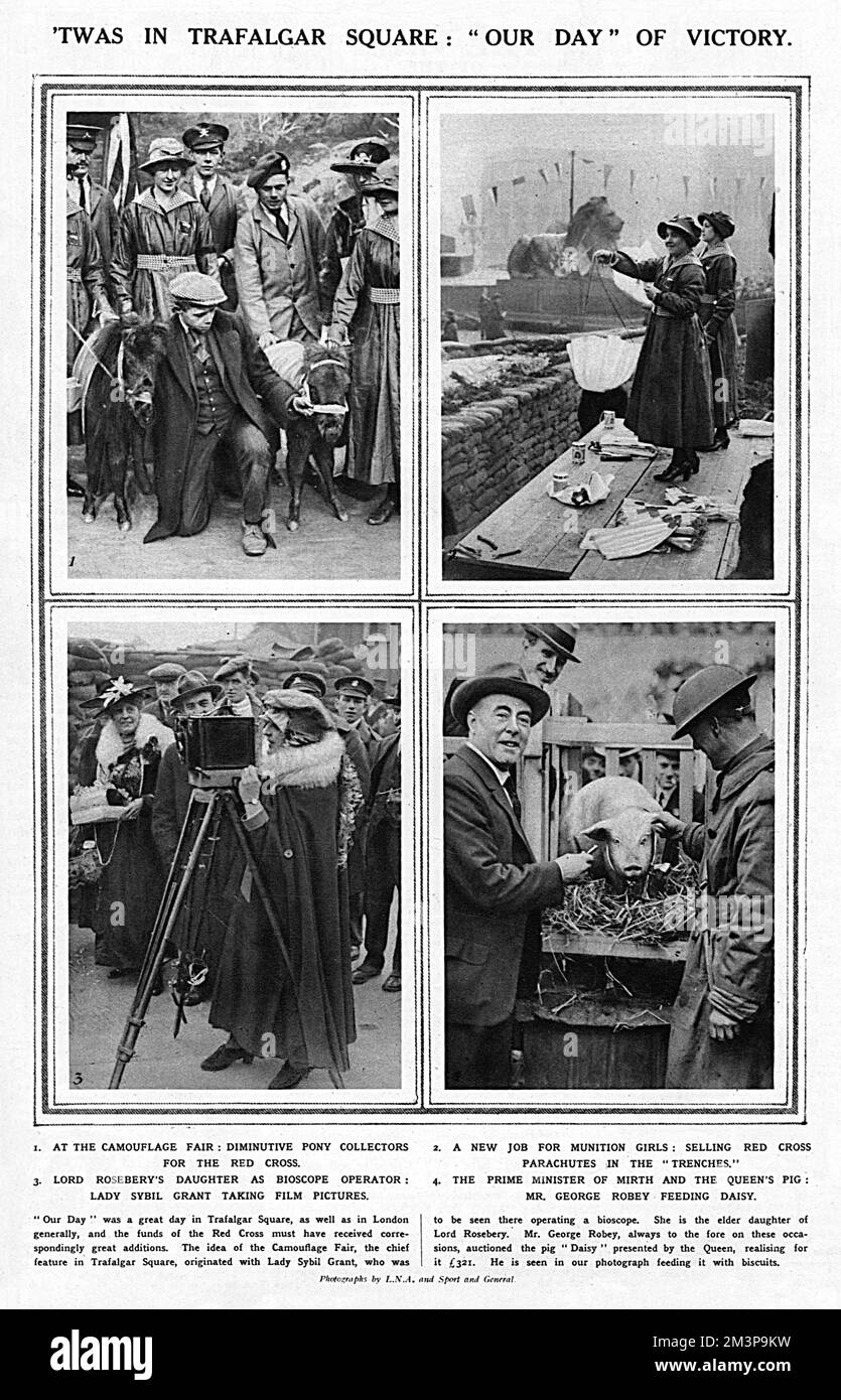 Four photographs reporting on activities across London during 'Our Day', an event organised to raise funds for the Red Cross.  In Trafalgar Square, as pictured, there was a camouflage fair where a diminutive pony collector showed off specimens, munition girls sold Red Cross parachutes in faithfully recreated trenches, Lady Sybil Grant (daughter of Lord Rosebery) tried out a bioscope and George Robey auctioned a pig called Daisy which had been donated by the allotment holders of Wandsworth, although The Sketch reports it was donated by The Queen?!      Date: 1918 Stock Photo