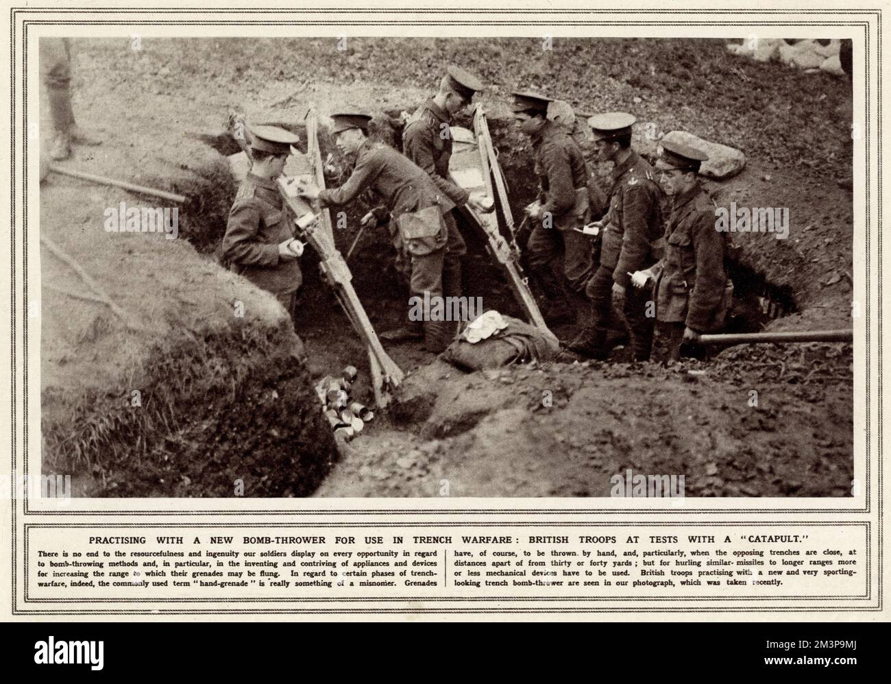 British troops practising with new bomb thrower catapult, for use in