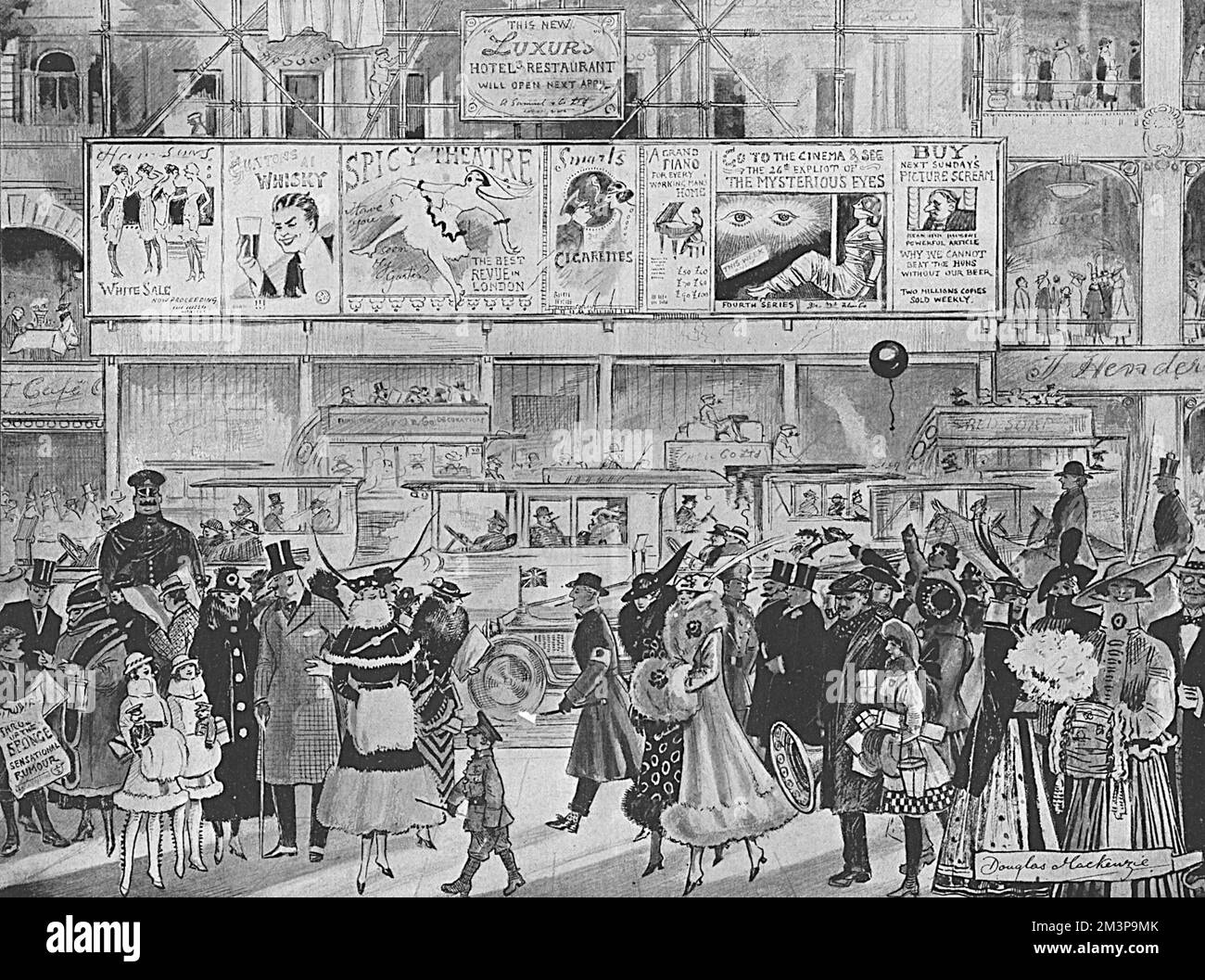 Illustration showing the mass of entertainment and amusements on offer to the London population during the First World War, despite the fact the country was supposed to be practising war economy.  Cars and taxis fill the streets, people are well dressed and posters advertise clothing sales, drink, film and theatre shows.       Date: 1916 Stock Photo