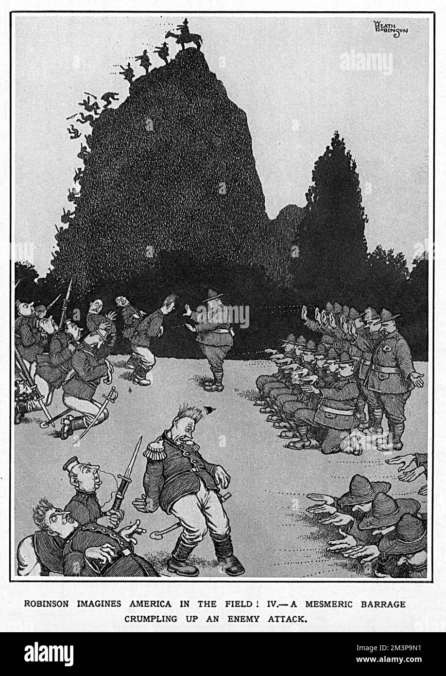 War Inventions Not Needed Now!  William Heath Robinson imagines America in the field!  4. A mesmeric barrage crumpling up an enemy attack.       Date: 1918 Stock Photo