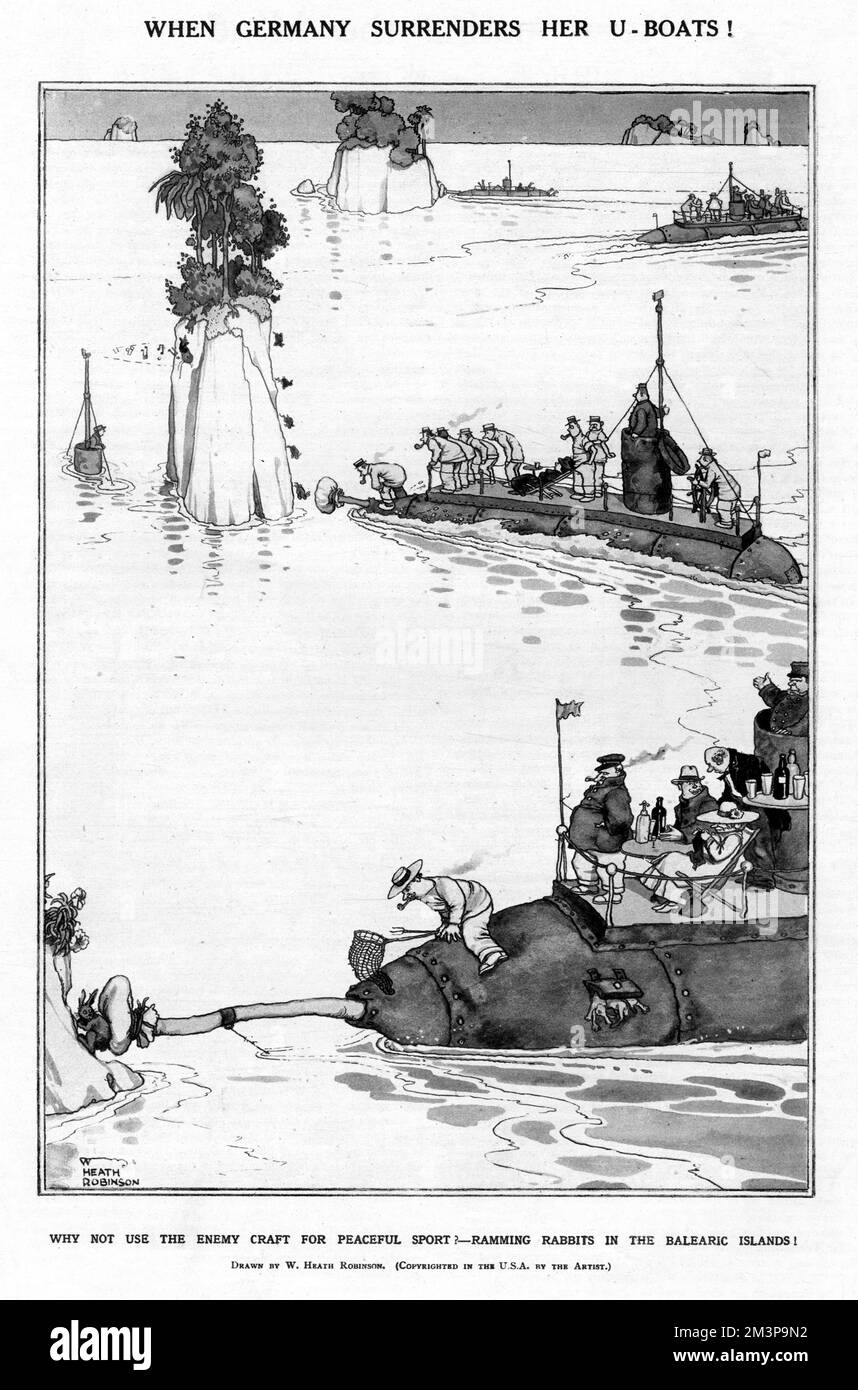 When Germany Surrenders her U-Boats by Heath Robinson, WW1 Stock Photo