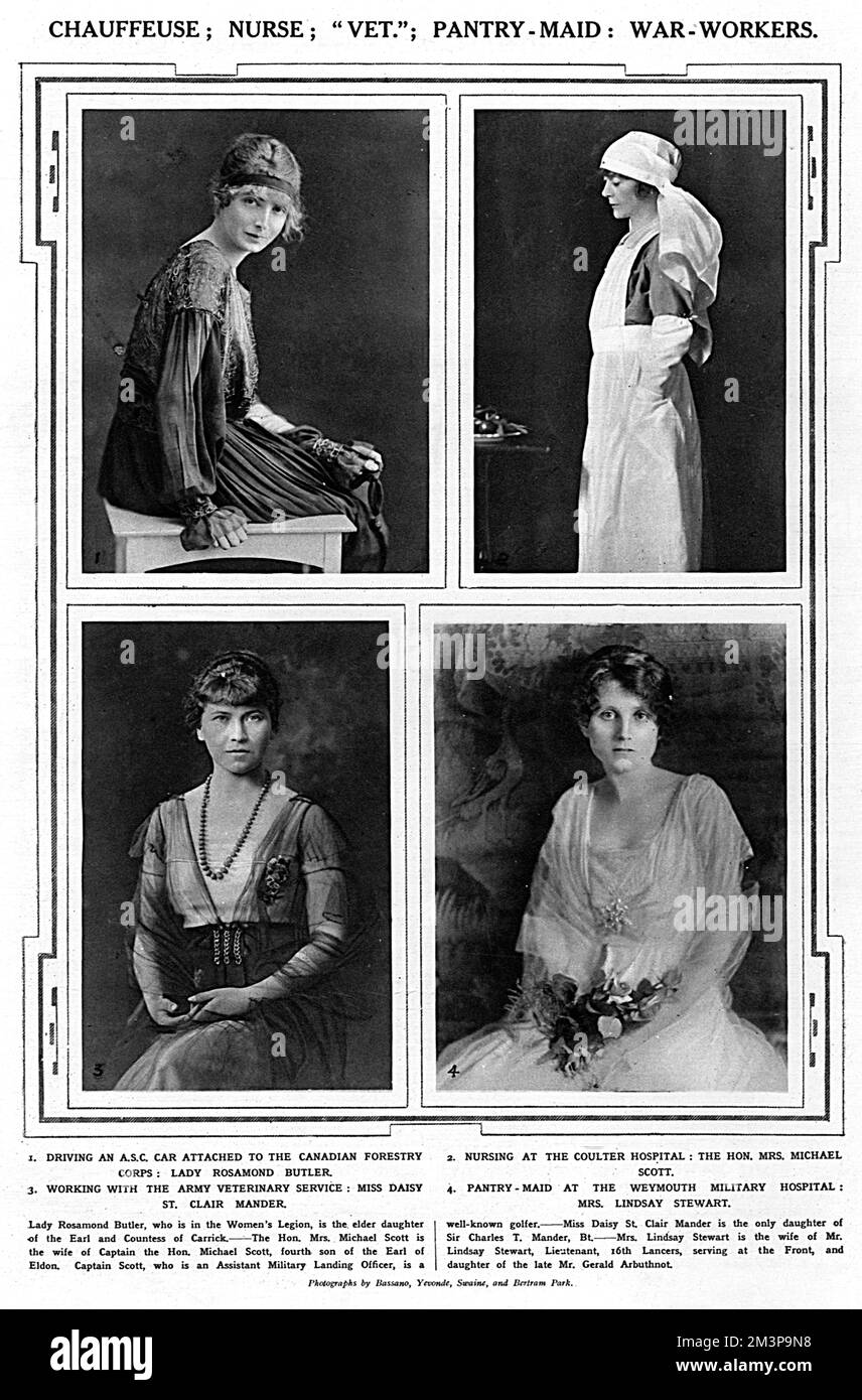 A page from The Sketch featuring four society ladies involved in war work.  Top left is Lady Rosamund Butler, elder daughter of the Earl and Countess of Carrick, who was in the Women's War Service Legion and attached to the Canadian Forestry Corps where she drove an Army Service Corps car.  Top right is the Hon. Mrs Michael Scott, wife of the the fourth son of the Earl of  Eldon, who was nursing at the Coulter Hospital in Grosvenor Square.  Bottom right is Mrs Lindsay Stewart who was a pantry-maid at Weymouth Military Hospital and bottom left is Daisy St. Clair Mander who was working with the Stock Photo