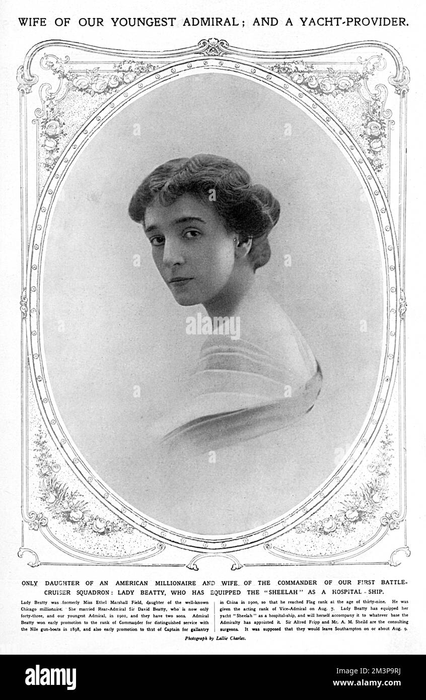 Lady Beatty, formerly Ethel Tree, daughter of the Chicago department store founder, Marshall Field and wife of Admiral of the Fleet, David Beatty, 1st Earl Beatty.  Extremely wealthy, she is pictured in The Sketch who report that she had equipped her yacht, 'Sheelagh,' as a hospital ship in the opening weeks of the First World War.       Date: 1914 Stock Photo