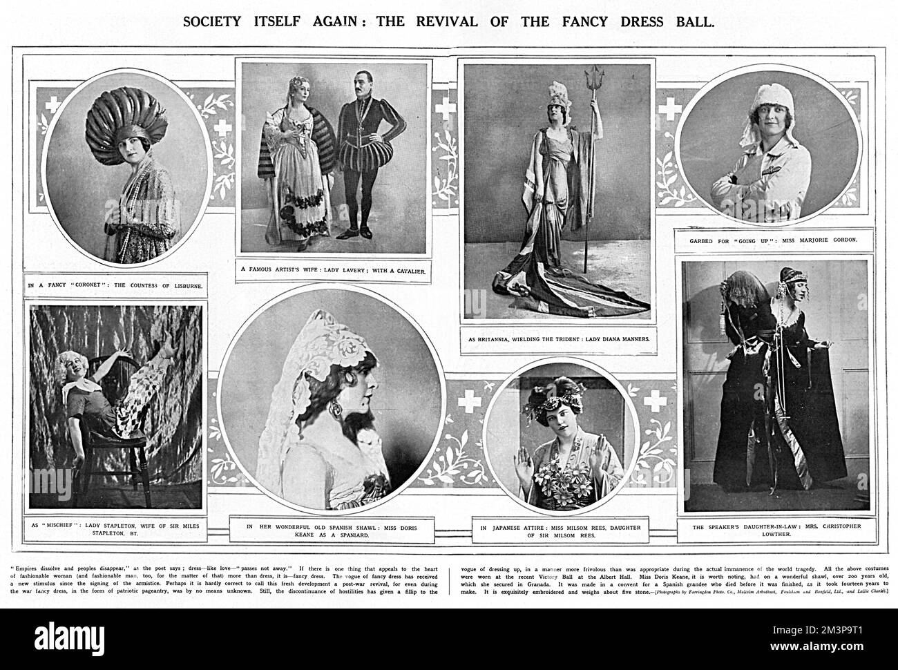 A double page spread of photographs presenting some of the notable personalities and the costumes they wore to the Victory Ball at the Albert Hall on the 27 November 1918.  The cream of society attended the event which sold 4000 tickets in aid of the Nation's Fund for Nurses.  Among the people pictured here are Hazel, Lady Lavery (one of the organisers), wife of the painter Sir John Lavery, Miss Marjorie Gordon in an aviator's outfit, the actress Doris Keane in a 200 year old Spanish lace shawl and Lady Diana Manners - who headed the grand procession - as Britannia.       Date: 1918 Stock Photo