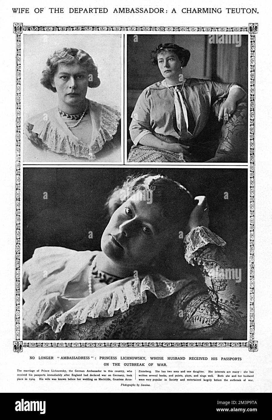 'Wife of the Departed Ambassador - A Charming Teuton.'  The Sketch features photographs of Princess Mechthilde Lichnowsky, wife of the German Ambassador, Prince Karl Max Lichkowsy, who, prior to their departure from London due to the outbreak of the First World War, were popular members of society.       Date: 1914 Stock Photo