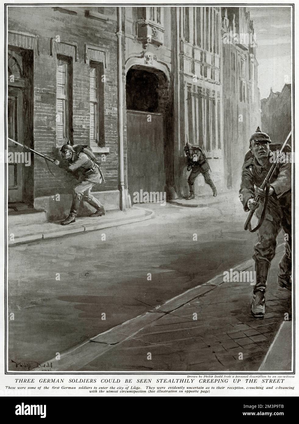 Three German soldiers creeping up the street in Li&#x89e5;, Belgium, as the city is occupied after severe bombardment in 1914.     Date: 1914 Stock Photo