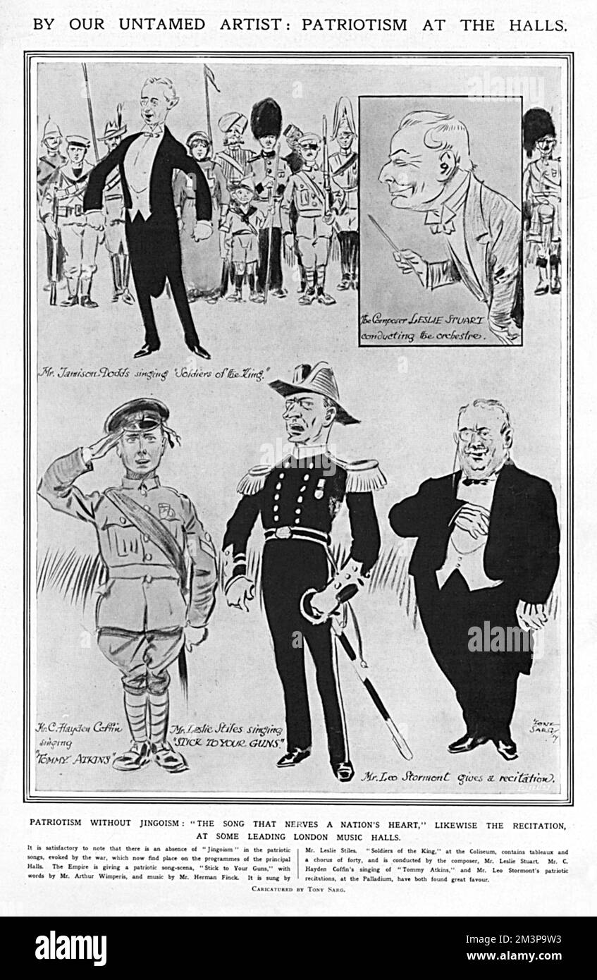 Sketches by Tony Sarg showing performers at various London shows singing patriotic songs shortly after the outbreak of the First World War.  There is Mr Jamison Doggs singing Soldiers of the King at the Coliseum (conducted by the composer Leslie Stuart), Mr C Hayden Coffin singing Tommy Atkins, Leslie Stiles singing Stick to your Guns at the Empire and Leo Stormont reciting patriotic poetry and prose at the Palladium.  'It is satisfactory that there is an absence of &quot;Jingoism&quot; in the patriotic songs, evoked by the war, which now find place on the programmes of the principal Halls,' c Stock Photo
