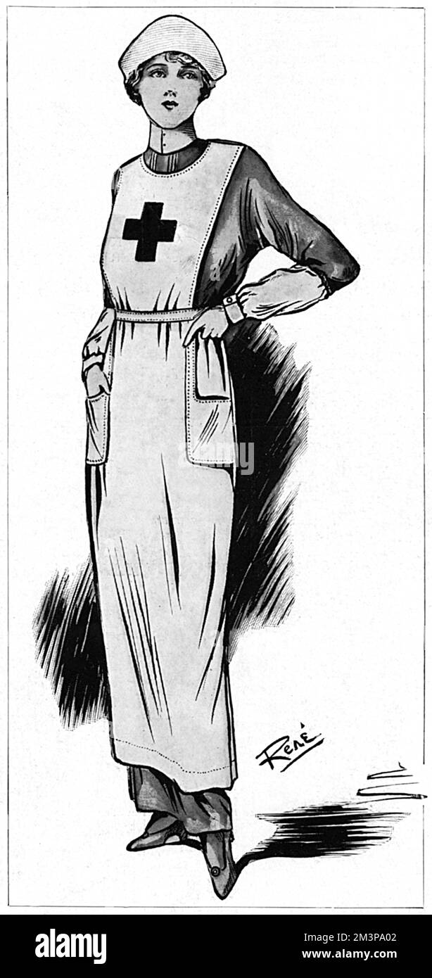 The regulation dress of the Red Cross nurse at the beginning of the First World War.  The dress is of dark blue zephyr, the apron of thick white linen with a red cross stitched on to the bib.  A white cap and over sleeves to the elbow and a plain, stiff, white collar complete the costume.  Note the narrow hemline at the ankle.  Though exaggerated in this drawing, within a year, skirt circumferences would increase dramatically to help ease of movement.     Date: 1914 Stock Photo