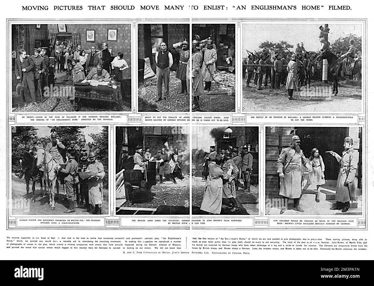 Scenes from the film version of the stage play, An Englishman's Home, produced by B and C Film in 1914.  Originally written by Guy du Maurier (who was killed in action in 1915), the play presciently predicted what might happen if there was an invasion of Britain. After the outbreak of the First World War, the play had enhanced significance and was adapted for cinema. Stock Photo