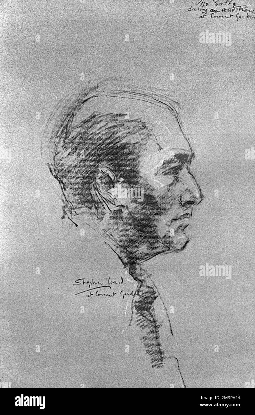 Mr. Georg Solti(1912-1997), KBE, musical director of Covent Garden, as drawn from life by Stephen Ward during an audition for 'The Midsummer's Night Dream', where Solti was guest conductor. Ward sketched several high profile figures specially for the Illustrated London News in 1961, but two years later he would become notorious through his involvement in the Profumo Affair.     Date: 1961 Stock Photo