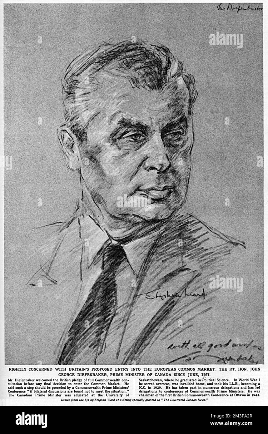 Mr. John George Diefenbaker(1895-1979), 13th Prime Minister of Canada, as drawn from life by Stephen Ward, at a sitting specially granted to the Illustrated London News in 1961. Ward sketched several high profile figures for the Illustrated London News in 1961, but two years later he would become notorious through his involvement in the Profumo Affair.     Date: 1961 Stock Photo