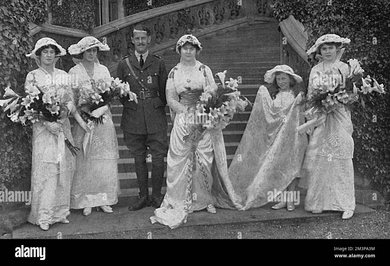 The wedding of Baroness Beaumont, elder daughter of Ethel, Lady Beaumont and the Hon. Bernard Fitzalan-Howard, elder son of Lord Howard of Glossop, which took place quietly at St. Mary's Catholic Church, Carlton nearly Selby in September 1914.  The bridegroom, who was a Lieutenant in the 1st Lovat's Scouts had been granted forty-eight hours' leave for the wedding and honeymoon.     Date: 1914 Stock Photo