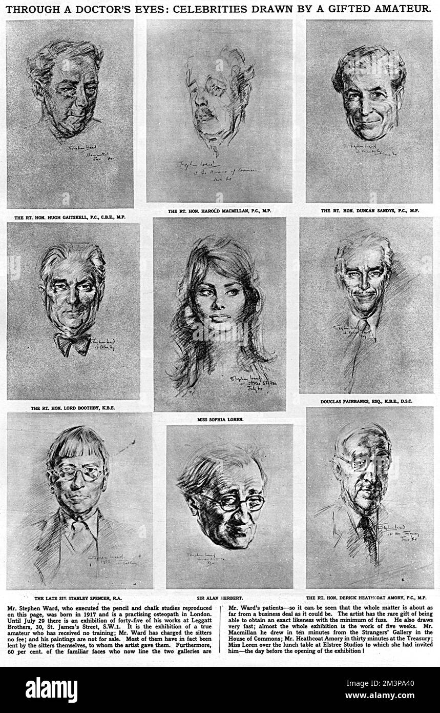 Through a doctor's eyes: a page of celebrities drawn by osteopath and gifted amateur artist Doctor Stephen Ward(1912-1963), as featured in The Illustrated London News in 1960. The sketches pictured here were displayed at the Legatt Brothers gallery in July 1960, comprising sketches done by Ward, often for free, for his celebrity patients. Sketched here from life are the Right Honorable Hugh Gaitskell, Prime Minister Harold Macmillan, M.P Duncan Sandys, Lord Boothby, Sophia Loren, Douglas Fairbanks, Sir Stanley Spencer, Sir Alan Herbert and Derick Heathcoat Armory. Ward went on to produce a ser Stock Photo