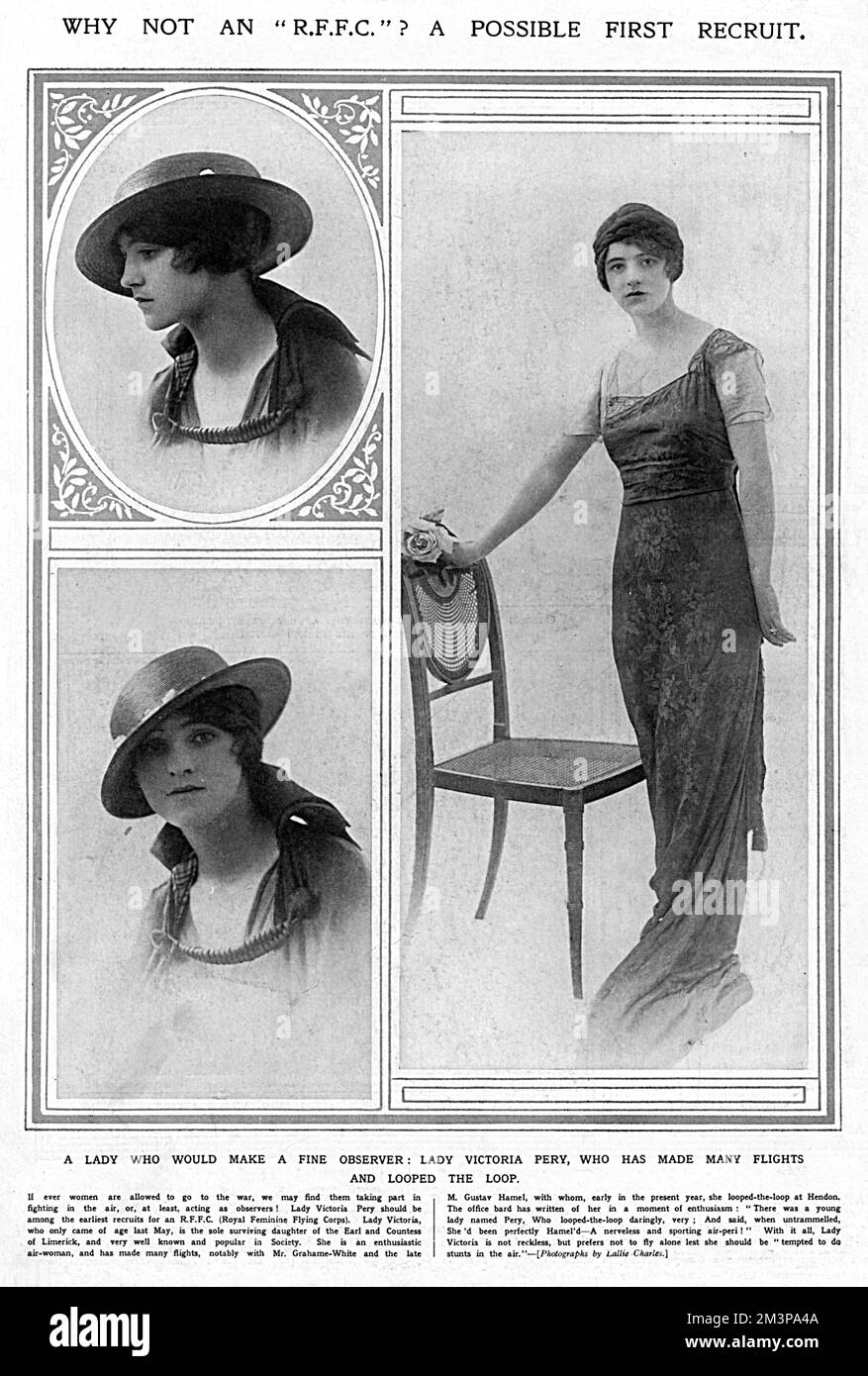 A page of photographs of Lady Victoria Pery (later Brady), whose enthusiasm for aviation saw her loop the loop with Gustav Hamel at Hendon aerodrome and accompany Mr Grahame-White on flights.  The Sketch magazine suggests that she is living proof that the a R.F.F.C should be formed - the Royal Feminine Flying Corps.  Lady Victoria died in 1918; a victim of the influenza epidemic.       Date: 1914 Stock Photo