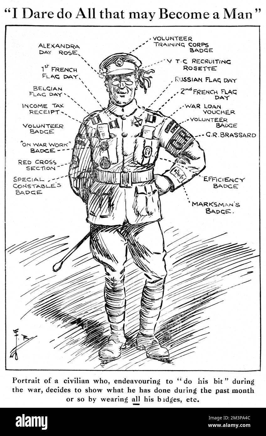 Humorous illustrations showing a British civilian adorned with a whole range of flags, badges and emblems of wartime service, from the Alexandra Day rose and special constable's badge to a war loan voucher and VTC recruiting rosette.       Date: 1915 Stock Photo
