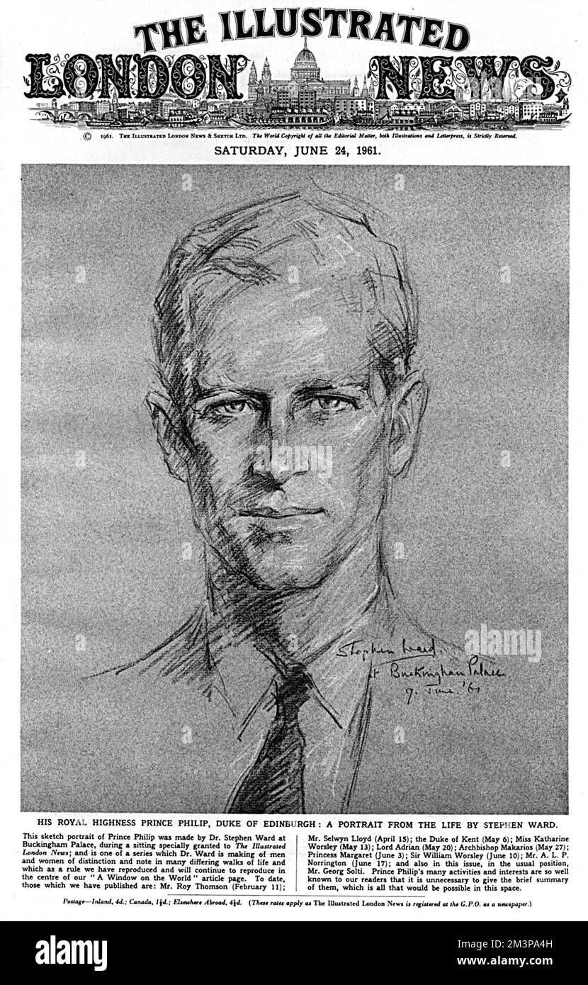 Prince Philip, Duke of Edinburgh,as drawn from life at Buckingham Palace by Doctor Stephen Ward, at a sitting specially granted to the Illustrated London News in 1961. This front cover celebrates the contributions of amateur artist Ward, who sketched several high profile figures for the Illustrated London News in 1961, usually appearing in the centre of their 'Window on the World' feature. Two years later, Ward would become notorious through his involvement in the Profumo Affair, causing considerable social embarrassment to those celebrities who has formerly been associated with him.     Date: Stock Photo