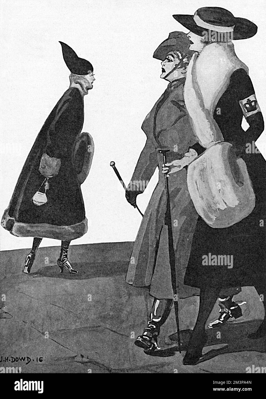 An illustration of two women contributing to the war effort, shown by their military dress, calling another woman who isn't helping a 'slacker'.     Date: 1916 Stock Photo