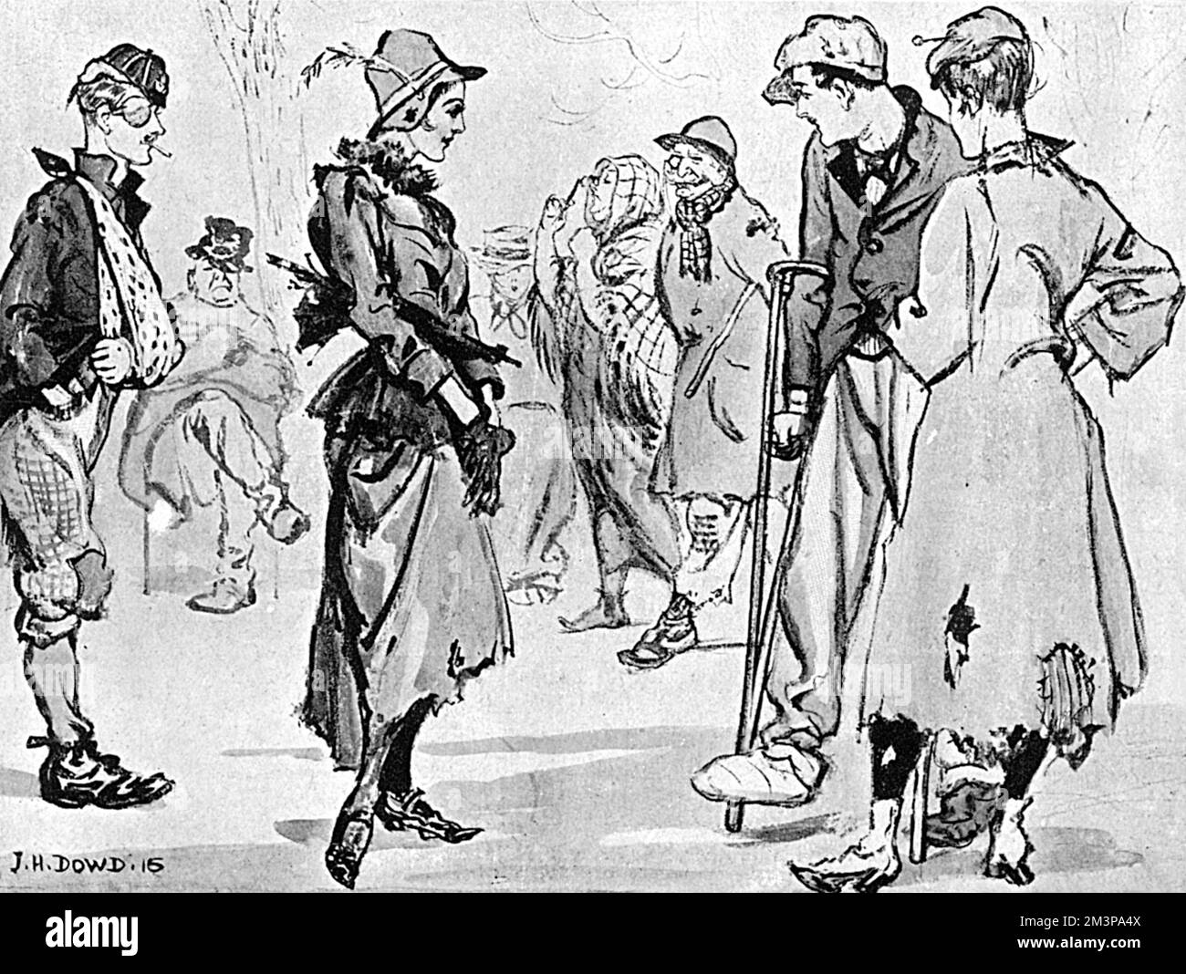 A slightly comedic illustration in Hyde Park, showing the effect of WW1 on the upper classes. Shown in rags, the only sign of their class is the style of their clothes with a suggestion that this was a possible scenario given the worsening economic situation.     Date: 1916 Stock Photo