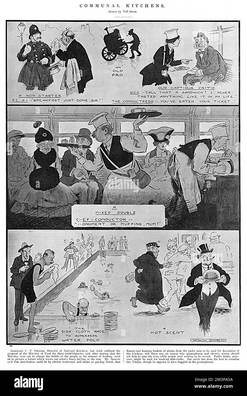 A cartoon showing the public feeling towards the communal kitchens that were to be set up during WW1. Its aim was to provide meals to the lower classes for a very small price.  1918 Stock Photo