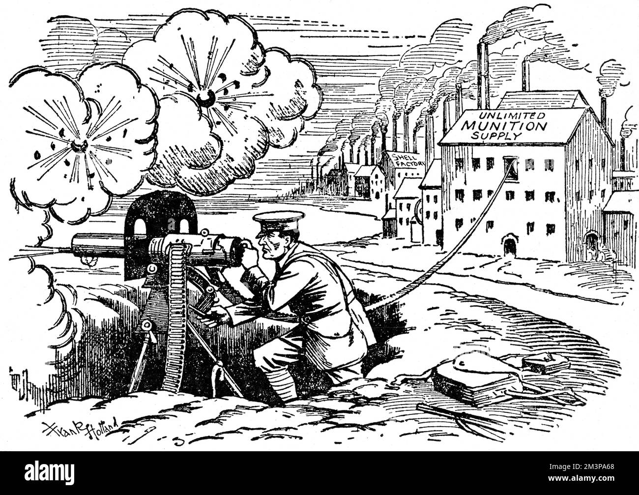 A cartoon originally published in Reynold's Newspaper and reproduced in the Pictorial Politics column of The Tatler.  A soldier in the trenches is being fed ammunition for his maxim gun directly from a munition factory via a tube.  The caption reads, 'The Maxim  of the Moment - Feed the firing line.' A comment on the urgent need for increased munition production following the munitions scandal of May 1915, where it was revealed that British military failures on the Western Front were due to a lack of shells.  1915 Stock Photo