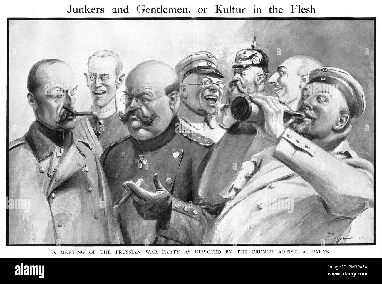 Junkers and Gentlemen, or Kultur in the Flesh.  A meeting of the Prussian War Party as depicted by the French artist, A Parys.  A not entirely flattering portrait of the German war cabinet.     Date: 1915 Stock Photo