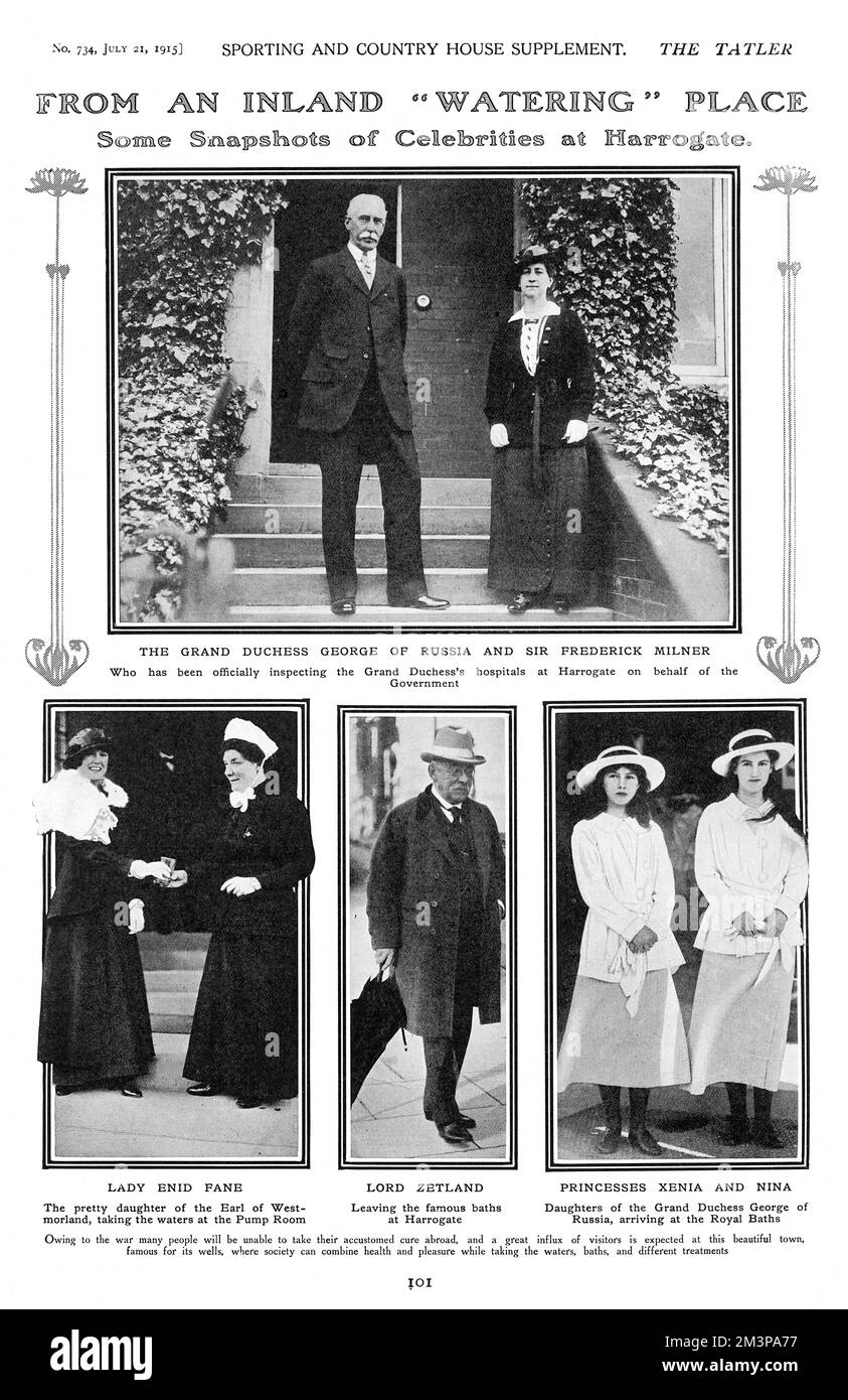 Photographs showing various members of society enjoying the delights of Harrogate Spa in North Yorkshire.  The town increased in popularity during the war due society foregoing well-known German spas.  The top picture shows Grand Duchess George of Russia who ran two hospitals for the wounded there, accompanied by Sir Frederick Milner who was inspecting them.  Bottom left is Lady Enid Fane taking the waters at the Pump Room, middle is Lord Zetland leaving the famous baths and bottom right are Princesses Xenia and Nina, daughters of Grand Duchess George.       Date: 1915 Stock Photo