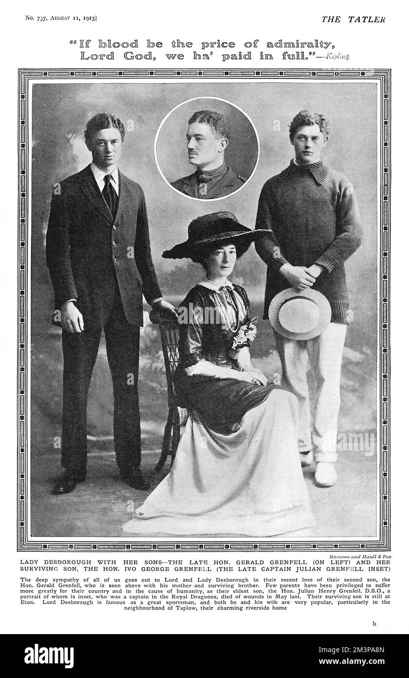 Ettie, Lady Desborough, one of the great Edwardian society hostesses,  who famously lost her two elder sons in the First World War.  The inset picture shows the poet, Julian Grenfell, her eldest who was killed by a shell splinter in May 1915. The Tatler magazine claims that the figure on the left is his brother Gerald William ('Billy'), was killed in action in July 1915 and the boy on the right is Ivo.  In fact, the same photograph, minus the inset was published in The Bystander in 1913 and describes the two boys as Julian (left) and Billy (right).  It seems that this page shows Julian twice, Stock Photo
