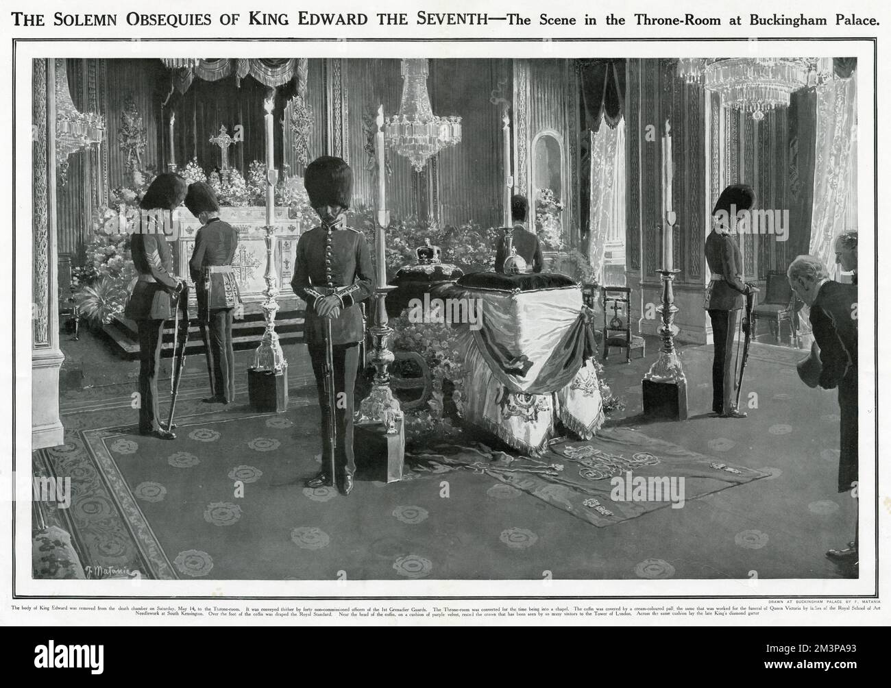 Edward VII, who passed away on 6 May 1910, at the age of 69. The King's body lay-in-state in the Throne Room at Buckingham Palace, London, guarded by Ist Grenadier Guards. Stock Photo