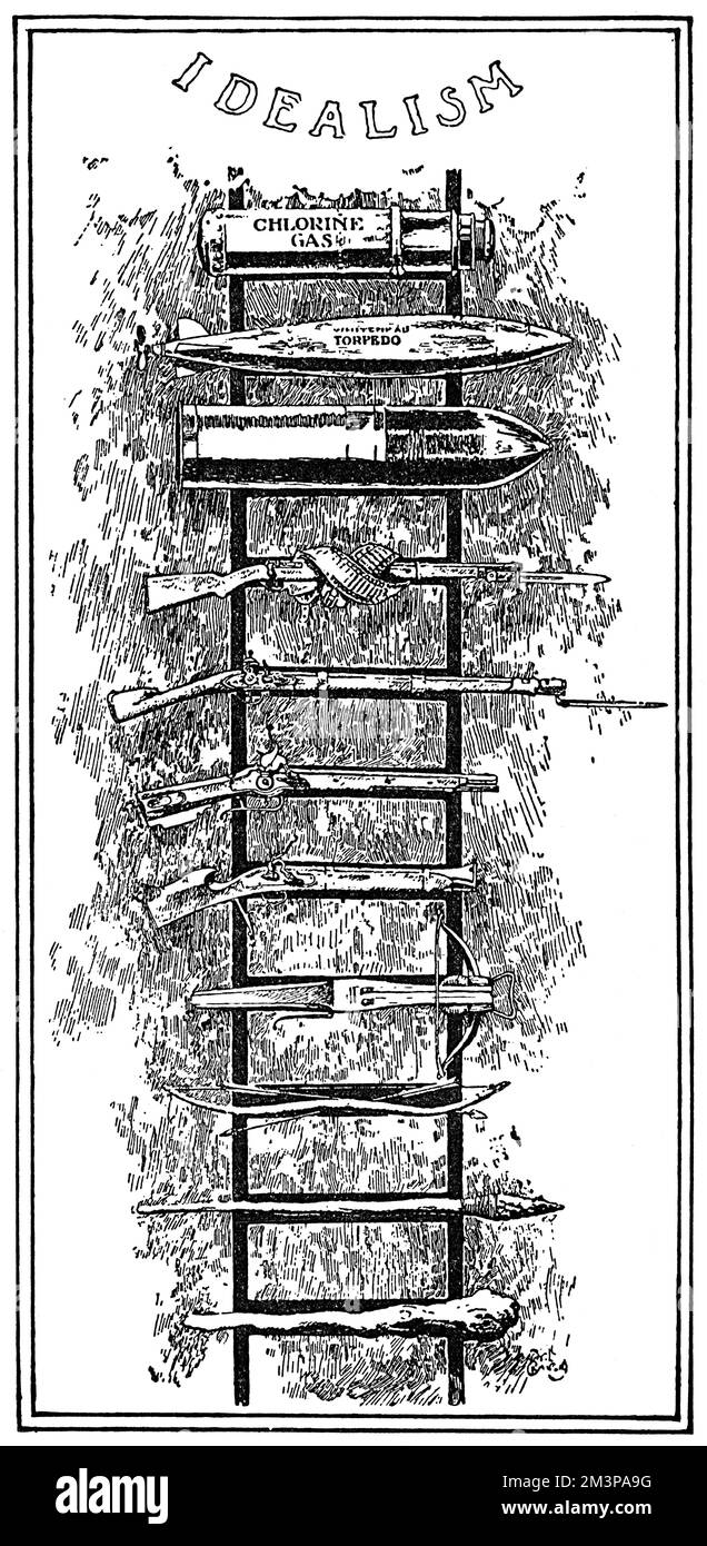 Cartoon from Puck reproduced in The Tatler showing a symbolic ladder to civilisation with each rung representing a development in weaponry.  The bottom rung shows a caveman's club, while as they climber progresses, he passes cross bows, pistols, rifles, shells, torpedoes and eventually, at the top, the most inhumane, chlorine gas.  The cartoon comments on the widespread condemnation of the use of gas by the Germans at the 2nd Battle of Ypres on 22 April 1915.     Date: 1915 Stock Photo