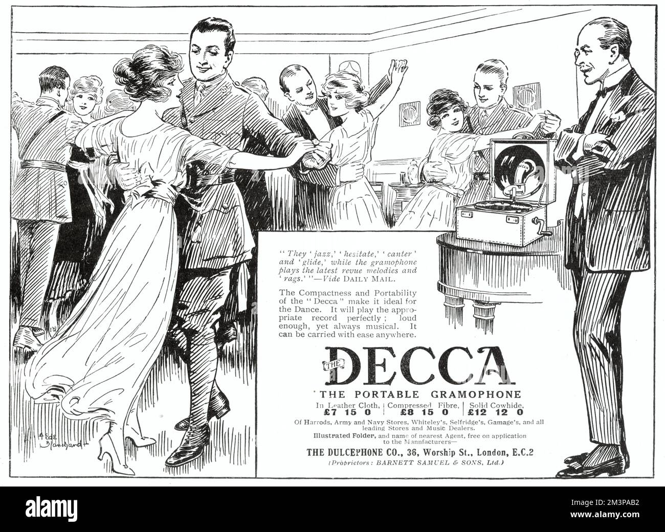 Advertisement for the Decca gramophone, showing a jolly party with some men in khaki uniform and some in evening dress dancing with girls.  Throughout the war, Decca gramophone adverts depicted life in the trenches (and the joy brought there by their music).  In this post-war advert, published in February 1919, the mood is joyful and optimistic. Stock Photo