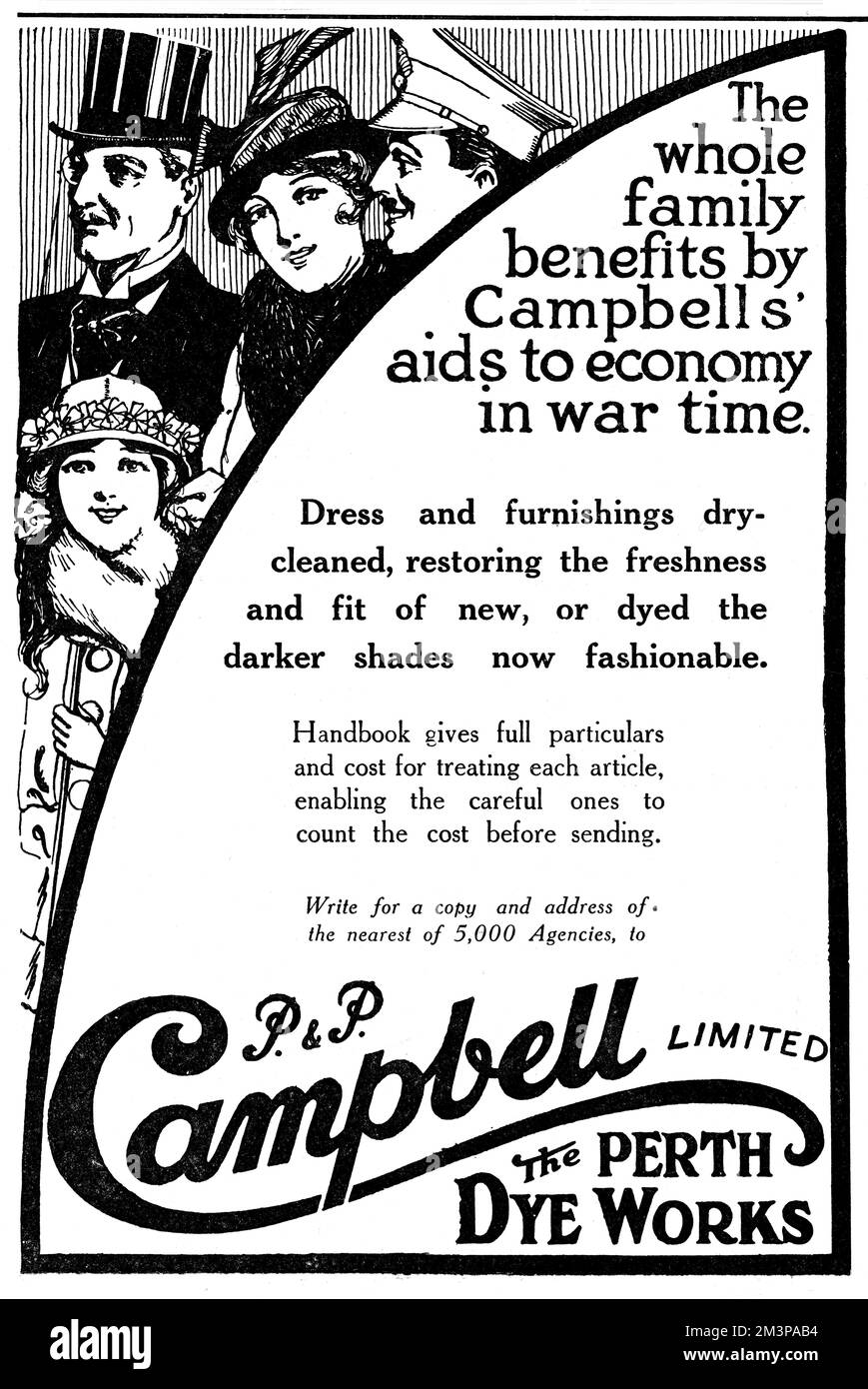 Advertisement for P &amp; P Campbell Limited, Dye Works of Perth, whose dyes in wartime allowed people to practice wartime economy by dry-cleaning or dyeing existing clothes or soft furnishings instead of buying new.       Date: 1915 Stock Photo