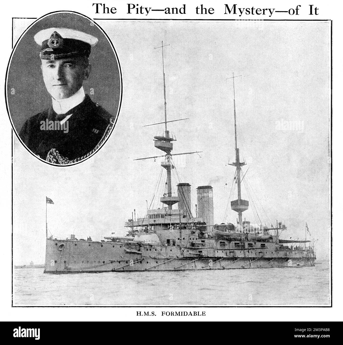 HMS Formidable, a British battleship, sunk by German torpedoes in the English Channel during the First World War, 1st January 1915. An inset shows Captain Arthur N. Loxley, who perished when the ship sank.     Date: 1915 Stock Photo