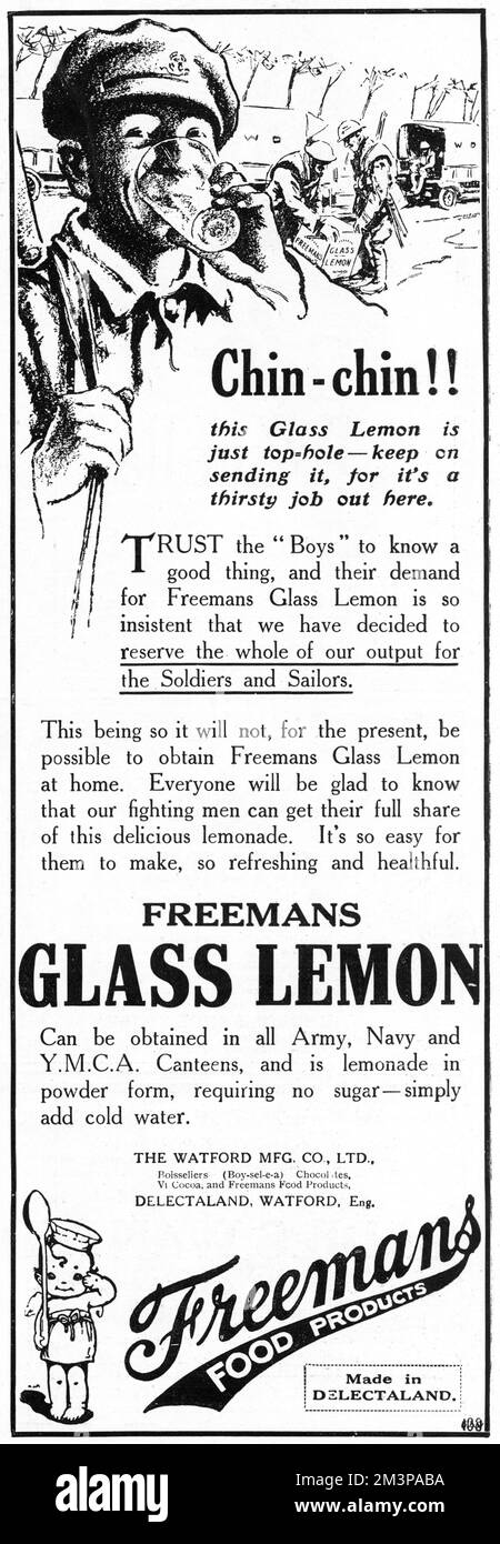 Freemans Glass Lemon drink advertisement, WW1 Stock Photo