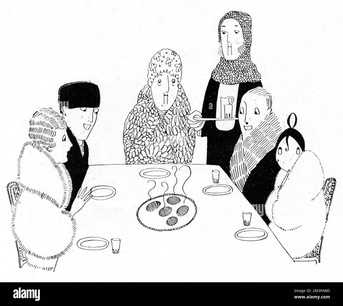 Illustration to accompany the Letters of Eve gossip column in The Tatler, showing a society dinner party, with guests wrapped in furs against the cold and feasting on a single plate of hot potatoes - a humorous comment on the food and coal shortages affecting home front Britain during the Great War.    1918 Stock Photo