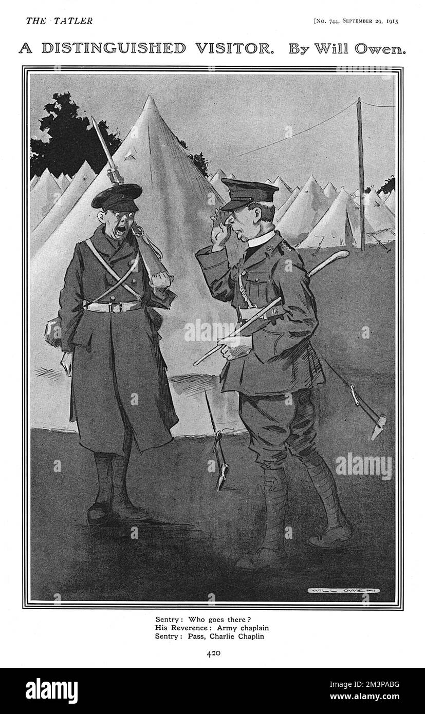 Sentry: Who goes there?  His Reverence: Army chaplain  Sentry: Pass, Charlie Chaplin  A case of mistaken identity in an army camp, when a young sentry mistakes an army padre for the world's most famous cinema star.       Date: 1915 Stock Photo