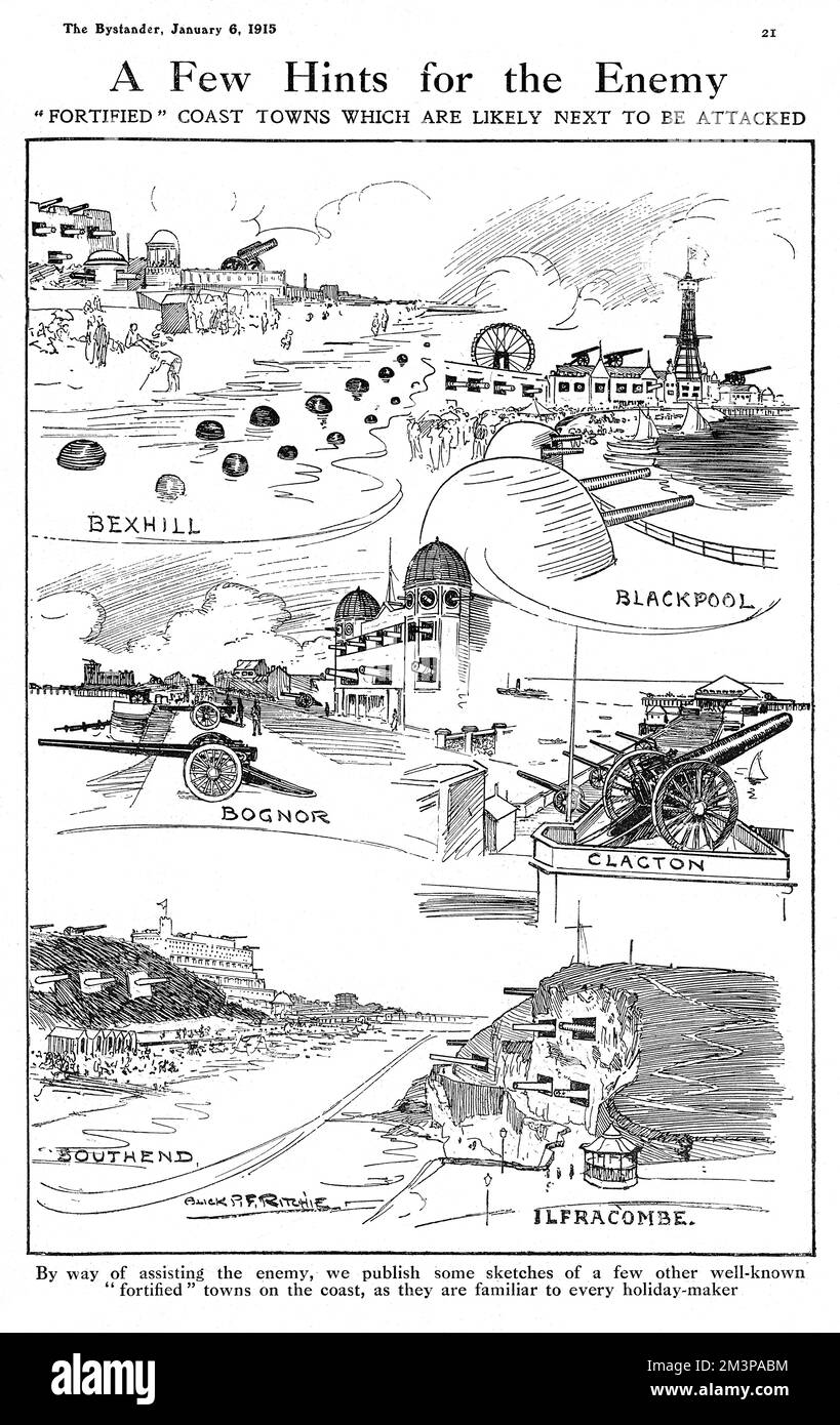 A few hints to the enemy: 'fortified' costal towns which are likely next to be attacked. Bexhill, Blackpool, Bognor, Clacton, Southend and Ifracombe are portrayed here as humorously fortified against enemy attack in WW1.     Date: 1915 Stock Photo